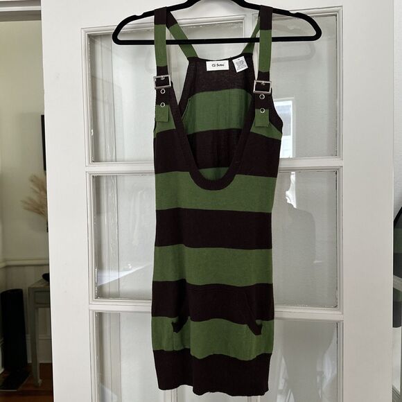 Y2K Green Brown Striped Sweater Dress Women's M - Picture 1 of 5